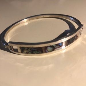 Silver necklace with opal pendant, and abalone shell hinged bangle bracelet set